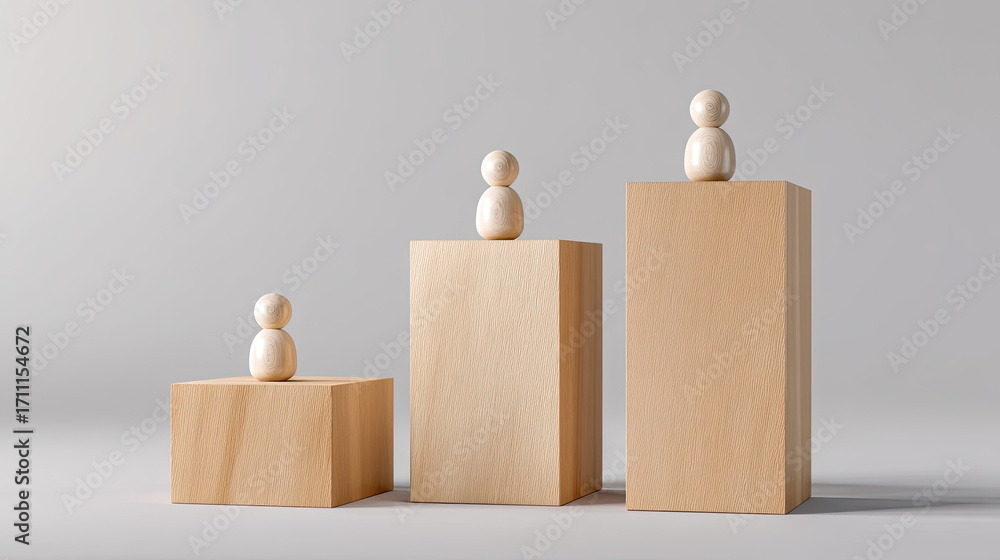 Poster wooden blocks arranged at varying heights with small figures on top, creating visually appealing com