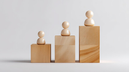 Wooden blocks arranged at varying heights with round figures on top, creating visually appealing composition that symbolizes growth and progress