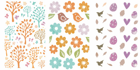 Collection of charming hand drawn spring elements including trees flowers birds hearts and easter eggs in pastel colors