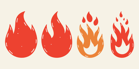 Four stylized cartoon flames in red and orange colors on a light background
