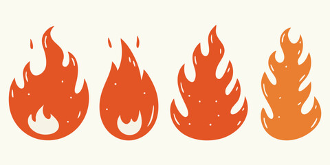 Set of four stylized cartoon fire icons in various orange and red shades on a cream background