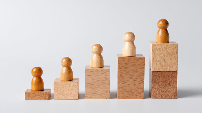 Wooden figurines on blocks of varying heights create visually appealing arrangement, showcasing different sizes and colors that evoke sense of balance and harmony