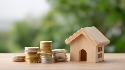 Wooden house model stands beside stacks of coins, symbolizing financial growth and investment in real estate. serene background enhances feeling of prosperity and stability