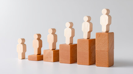 Wooden human shaped figures on ascending wooden blocks symbolize growth and progress. This artistic arrangement conveys sense of achievement and development in minimalist style