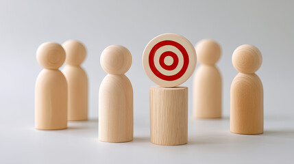 Wooden target icon disc standing tall among wooden figures, symbolizing focus and goals in creative setting. This evokes sense of determination and teamwork
