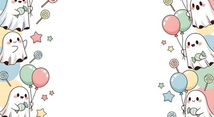 Cute kawaii ghosts with candy and balloons celebrate a Happy Halloween with Copyspace for text