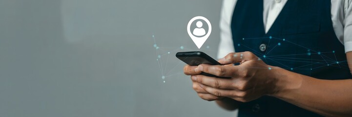 Professional using smartphone with digital network overlay and user location pin, symbolizing connectivity and modern communication in business