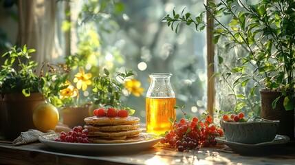 Stack of pancakes, berries, and syrup on a windowsill