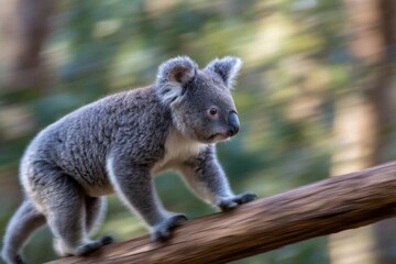 Side view of a climbing koala in motion, soft light and leaf canopy around.