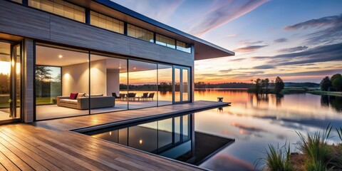 Fototapeta premium A modern house with large windows overlooking a serene lake at dawn