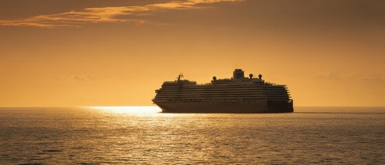 Obraz premium A modern cruise liner glides at sunset, clean silhouette over calm reflective sea.