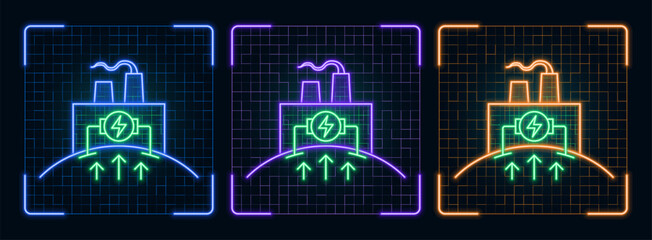 Geothermal energy icon illustration, ecology green environment vector symbol collection, cyber neon visual, glowing borders frames.