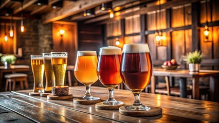 Sophisticated craft beers in elegant glasses on a refined wooden table, upscale decor, glasses,  upscale decor
