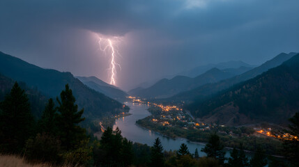 Lightning strike over mountain river town