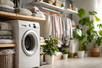 Cozy laundry space featuring a front loading washing machine beside neatly stacked towels and shelves, creating an organized home care scene focused on fresh fabric.