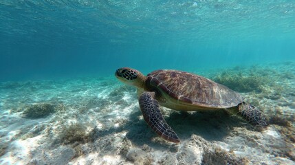 Underwater scene of a turtle swimming over the seabed, shafts of light and calm blue.