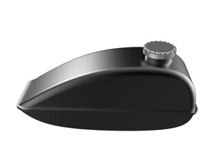 Sleek Black Motorcycle Fuel Tank with Silver Cap on Transparent PNG HD Background. Isolated 3D Rendered Custom Vehicle Gas Tank for Automotive Design and Engineering Concepts, High Resolution.