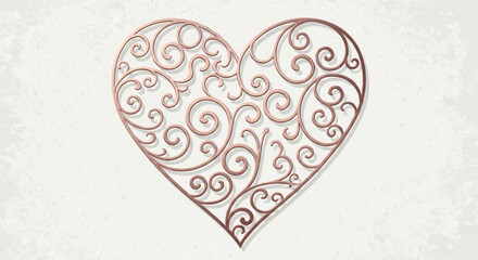 Elegant rose gold heart with intricate swirling filigree pattern on a soft textured background