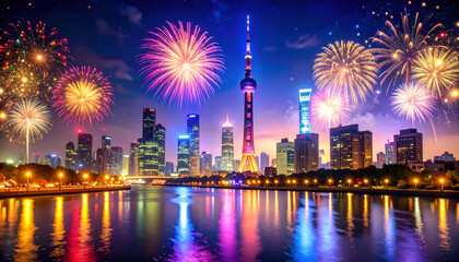 Fototapeta premium Fireworks Over City Skyline at Night