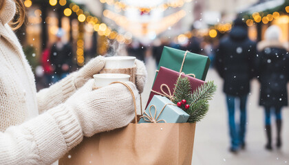 Woman wearing mittens holding a shopping bag with Christmas gifts and hot drinks at a festive outdoor winter market