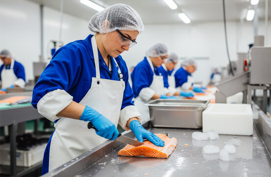 Professional woman employee filleting fresh salmon with a knife in a modern seafood processing factory, food safety and hygienic production practices.