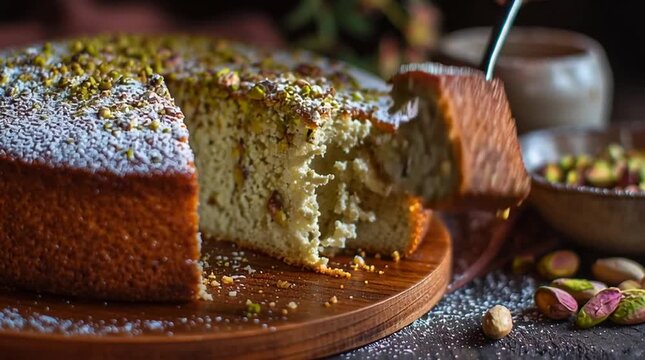 A pistachio cake with powdered sugar being served with a silver spoon on a wooden serving board