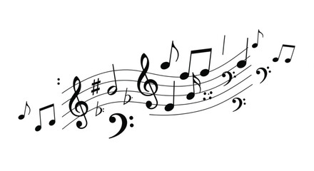Flowing musical notes and clefs create a dynamic abstract melody on a white background.