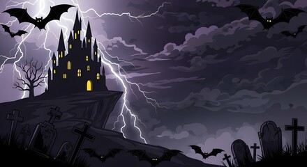 Happy Halloween with Copyspace Spooky Castle and Bats Illustration