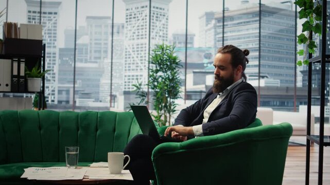 Hopeless male CEO sighing in dissatisfaction due to business crisis, worrying about downfall of the enterprise and failure. Tensed director dealing with a complicated ineffective activity. Camera A.