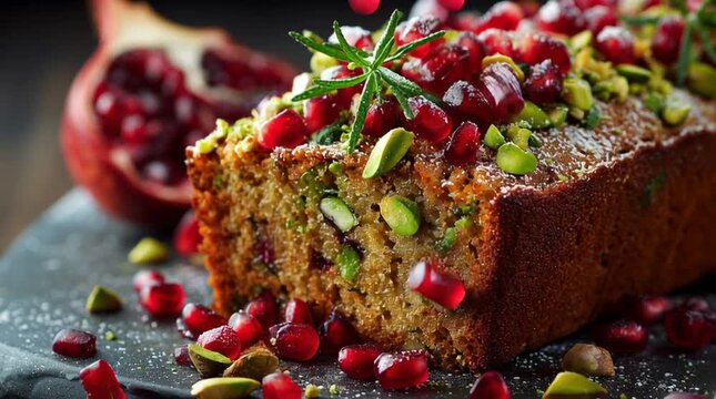 Close up of a loaf cake topped with pomegranate seeds and pistachios with a pomegranate half nearby