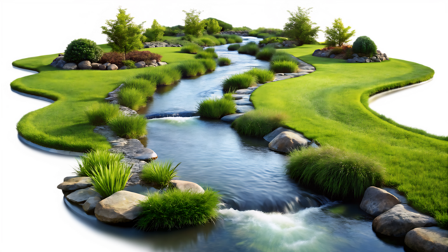 Lush Green Landscape with Winding Stream and Rocks on White Background nature river Cutout PNG Ai isolated on a transparent background - Powered by Adobe