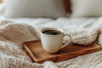 Cozy Morning Coffee Cup on Wooden Tray on Soft Blanket.