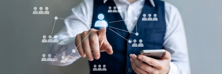 Innovative professional managing global connections and team synergy through digital interface, planning future growth with mobile technology