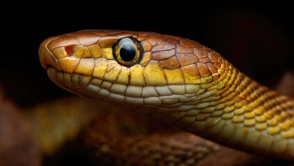Fototapeta premium Detailed Close Up Portrait of a Yellow and Brown Snake Head with Blue Eye.