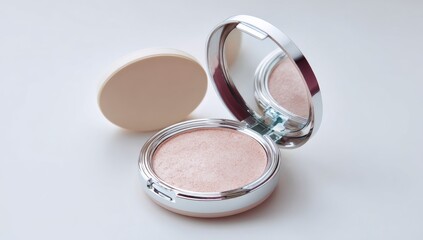 Elegant cosmetic compact powder with mirror and applicator on white background.