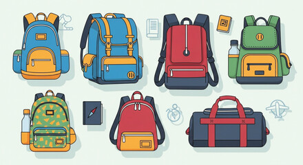Collection of colorful backpacks and a duffel bag, ready for adventure and travel