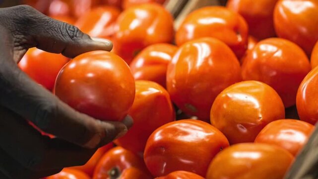 Cinematic close-up of a person carefully choosing ripe tomatoes in the grocery store, captured with dramatic lighting to highlight vibrant color, texture, and the mindful act of food selection