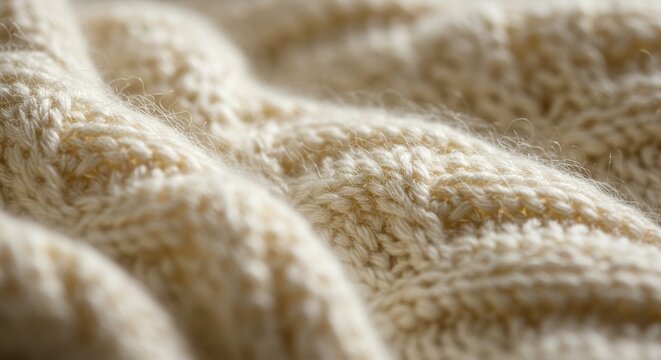 Detailed texture of creamy white knitted wool fabric for backgrounds usage