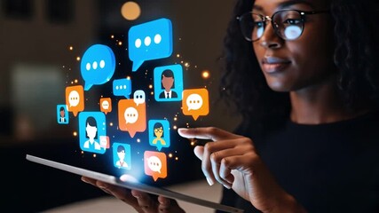 African American woman using tablet with floating chat icons and avatars, symbolizing online communication, social media and digital networking. Concept of virtual interaction and technology
 - Powered by Adobe