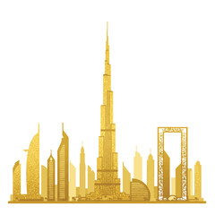 Vintage-style illustration of an angry T-Rex standing in front of the Dubai city skyline with a gold color scheme.
