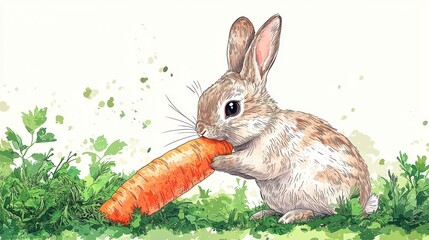 Cute bunny eating carrot in garden. Watercolor style illustration of a small rabbit happily munching on a vibrant orange carrot, sitting amidst lush green foliage and paint splatters.