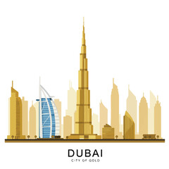 Vintage-style illustration of a T-Rex in a cityscape, with a gold-toned Dubai skyline and a cityscape silhouette.