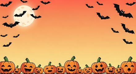 Happy Halloween with Copyspace Festive Pumpkins, Bats and Moon on an Orange Sky