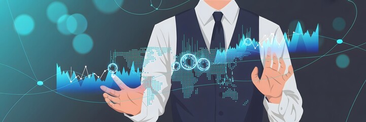 Dynamic businessman analyzing global financial data charts and world map with futuristic interface, showcasing analytics and digital strategy in a modern business concept.