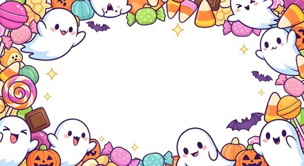 Happy Halloween with Copyspace Cute Ghosts and Candy Corn Border