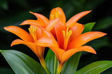 Orange tropical flowers in full bloom showcase vibrant petals and bright yellow stamens, set against a dark leafy backdrop for a striking macro garden scene.