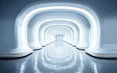 Obraz premium Futuristic tunnel with glowing arches and reflective floor