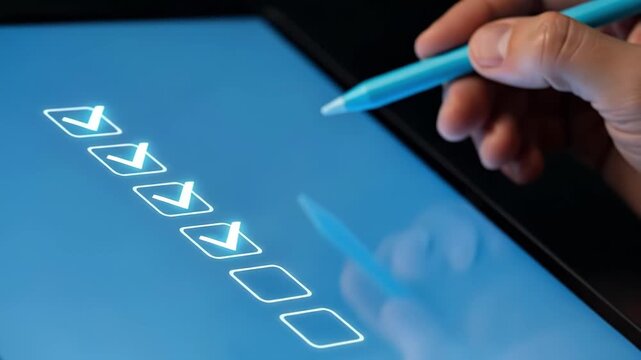 Hand using digital pen on tablet screen to check virtual boxes in a checklist, symbolizing approval, productivity and task management. Concept of digital workflow and organization
