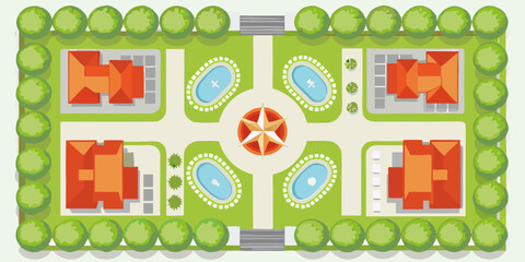 Top down view of a residential neighborhood with houses ponds trees and a central compass rose