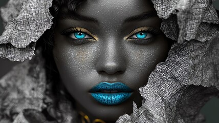 grayscale close-up illustration of a model’s face, turquoise lips and eyes, selective color effect, edgy fashion editorial, ripped paper collage overlays